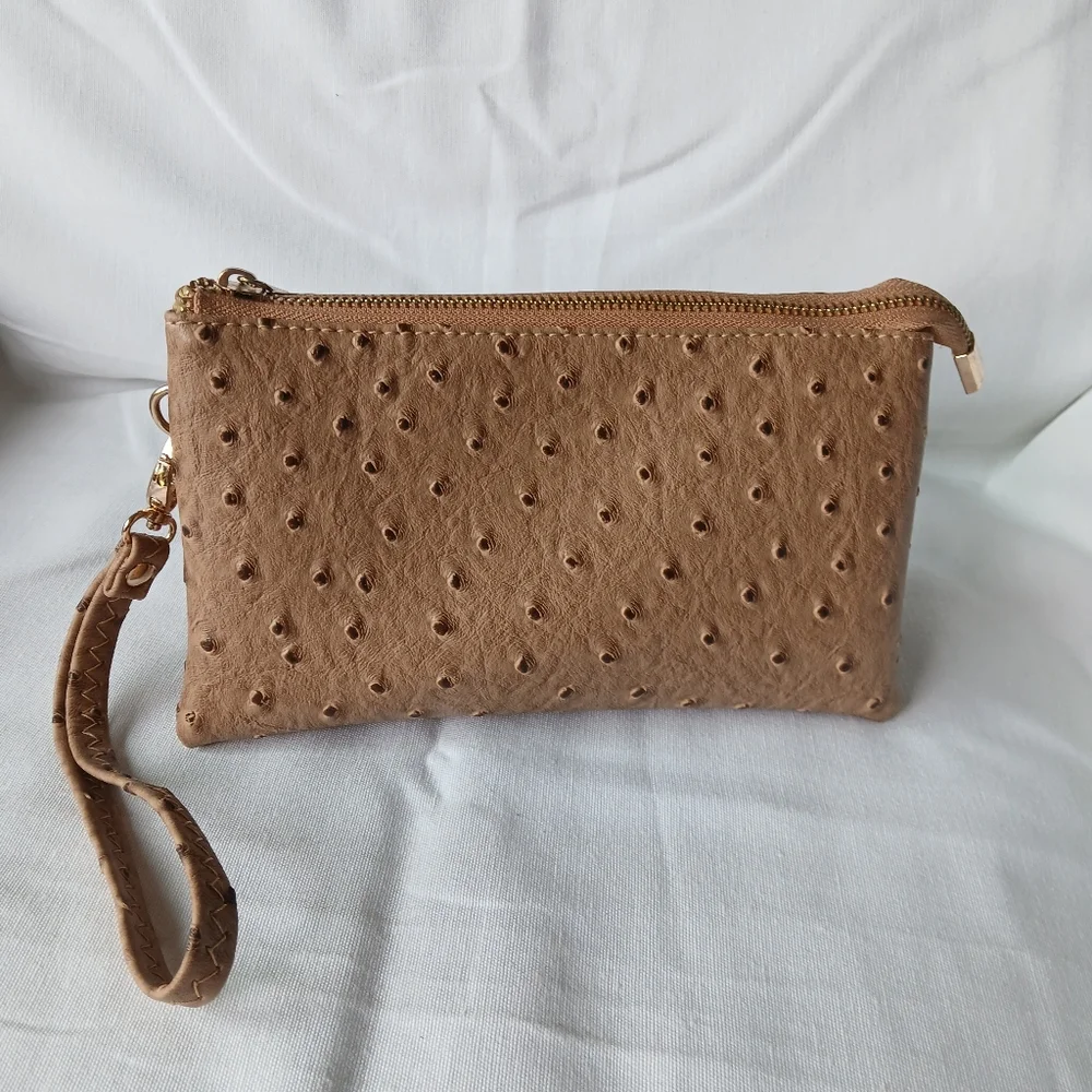 Tan Perforated Faux Leather Wristlet Clutch‎